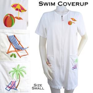 CZ Cover-Ups Beach Club Swim Cover Up Womens Small White Embroidered Zip Front